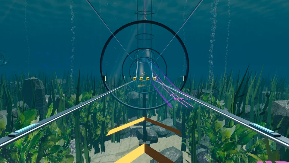 Transparent underwater racing tunnel, magnetic lanes, item boxes, seabed plants and bubbles