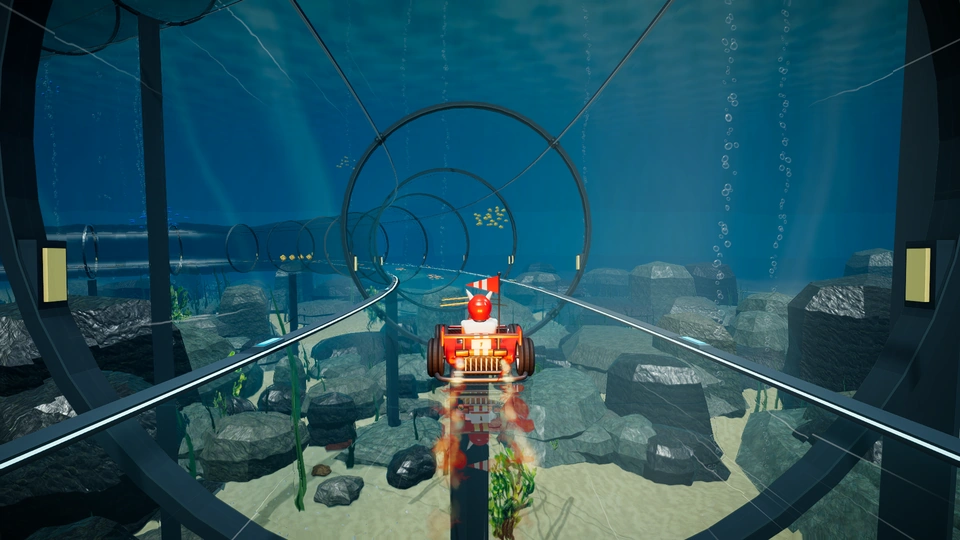 Formula kart boosting through a glass tunnel above Abyss Circuit's rocky seafloor