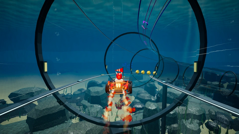 Formula kart boosting towards an elevated underwater track crossing on Abyss Circuit