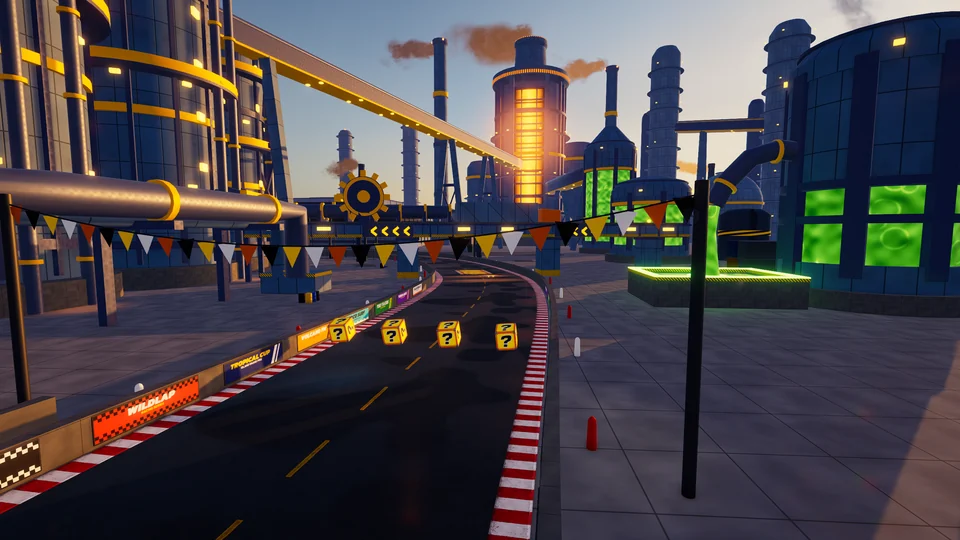 Industrial circuit with glowing furnaces, green tanks, pipes and item boxes