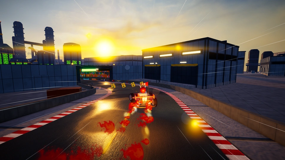 Formula kart jumping with a boost trail towards the sunset in Chaos Factory