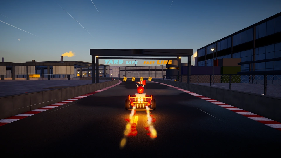 Formula kart boosting towards the industrial yard in Chaos Factory