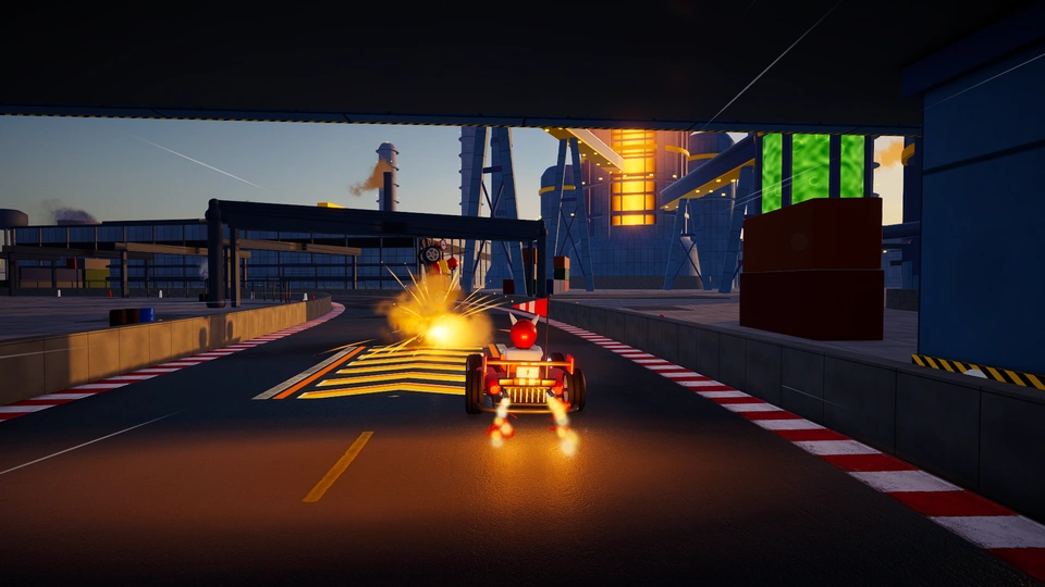 Formula kart boosting towards a rocket explosion and tumbling rival in Chaos Factory