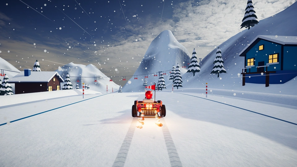 Formula kart accelerating past snowy cabins on Ice Mountain