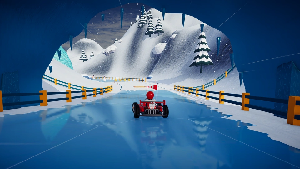 Formula kart racing out of a blue ice tunnel on Ice Mountain