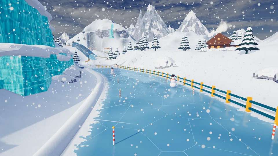 Frozen lake with reflections, snowmen, snowy pines, a mountain lodge and alpine peaks