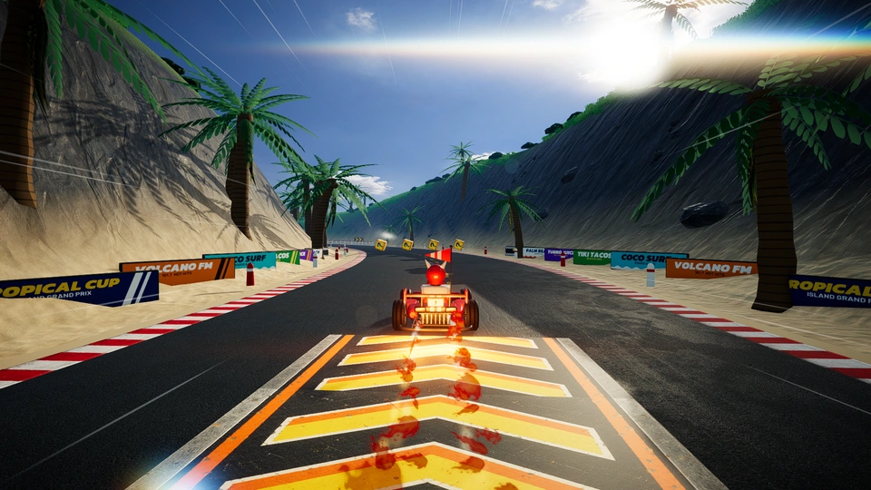 Formula kart boosting along Tropical Island's palm-lined road towards the sunlight
