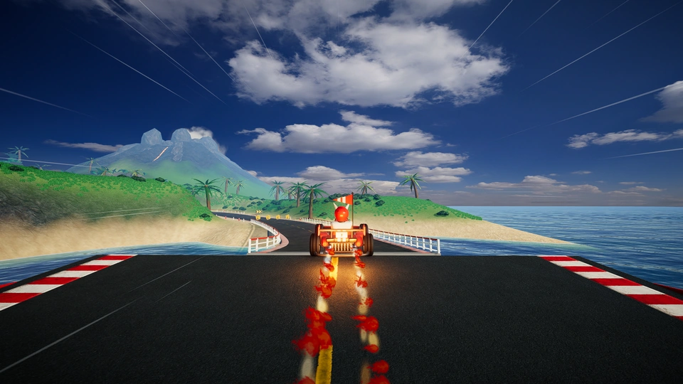 Formula kart boosting along Tropical Island's coastal road