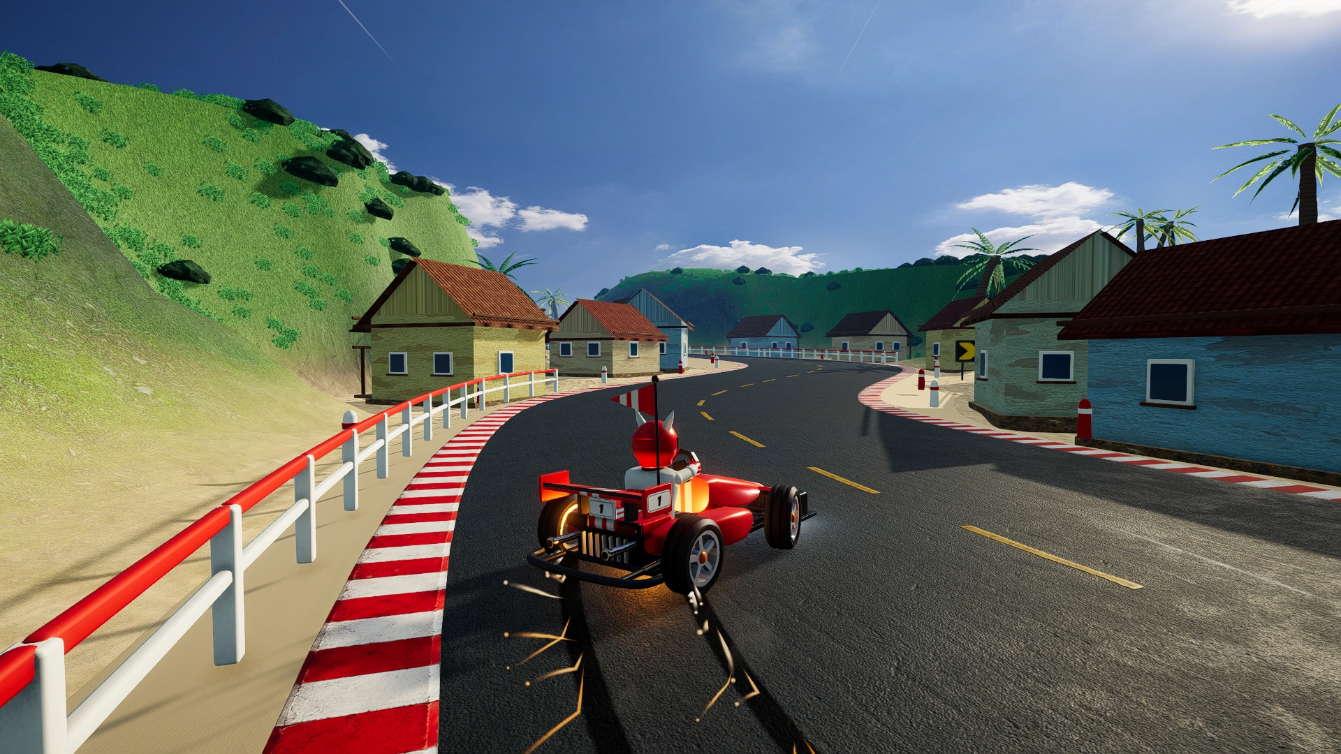 A Wildlap kart racing through a tropical landscape