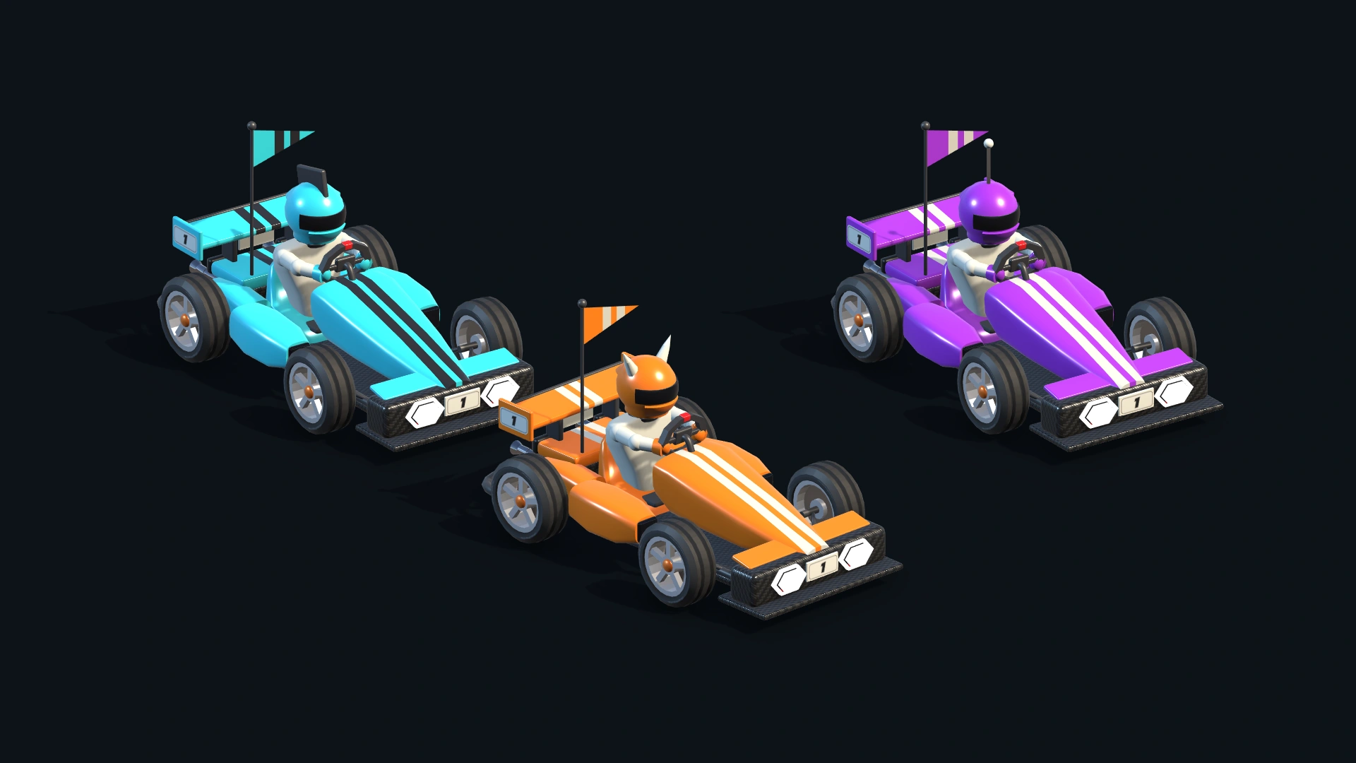 Three Formula karts in turquoise, orange and purple with different helmet accessories